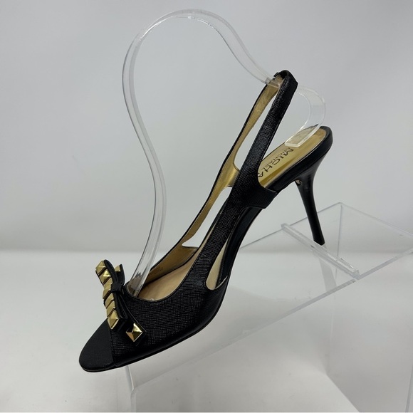 Michael Kors Livvy Black Leather Slingback Sandals Size 6.5 with Studded Bow - Picture 3 of 12